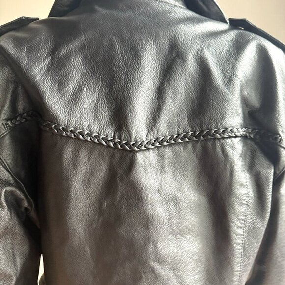 Vintage Black Leather Braided Detail Motorcycle Jacket M/L - Picture 9 of 10